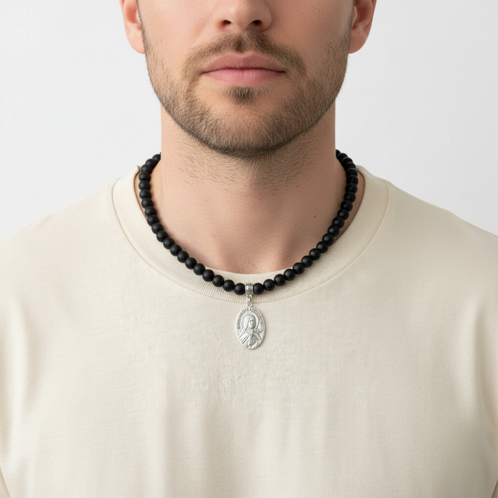 Mens St. Teresa Matte Black Onyx Beaded Necklace On A Man