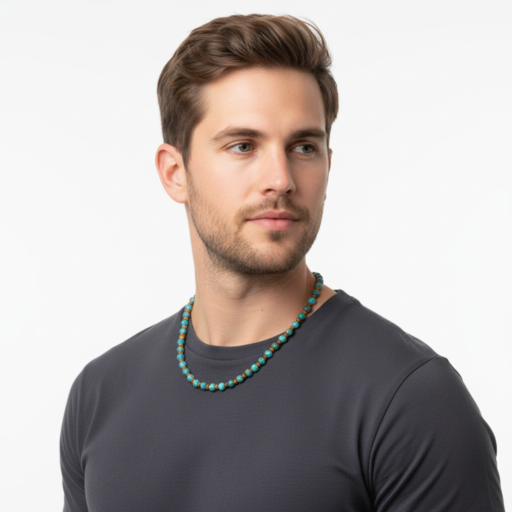 Mens Teal Impression Jasper and Brown Wood Necklace On A Man.