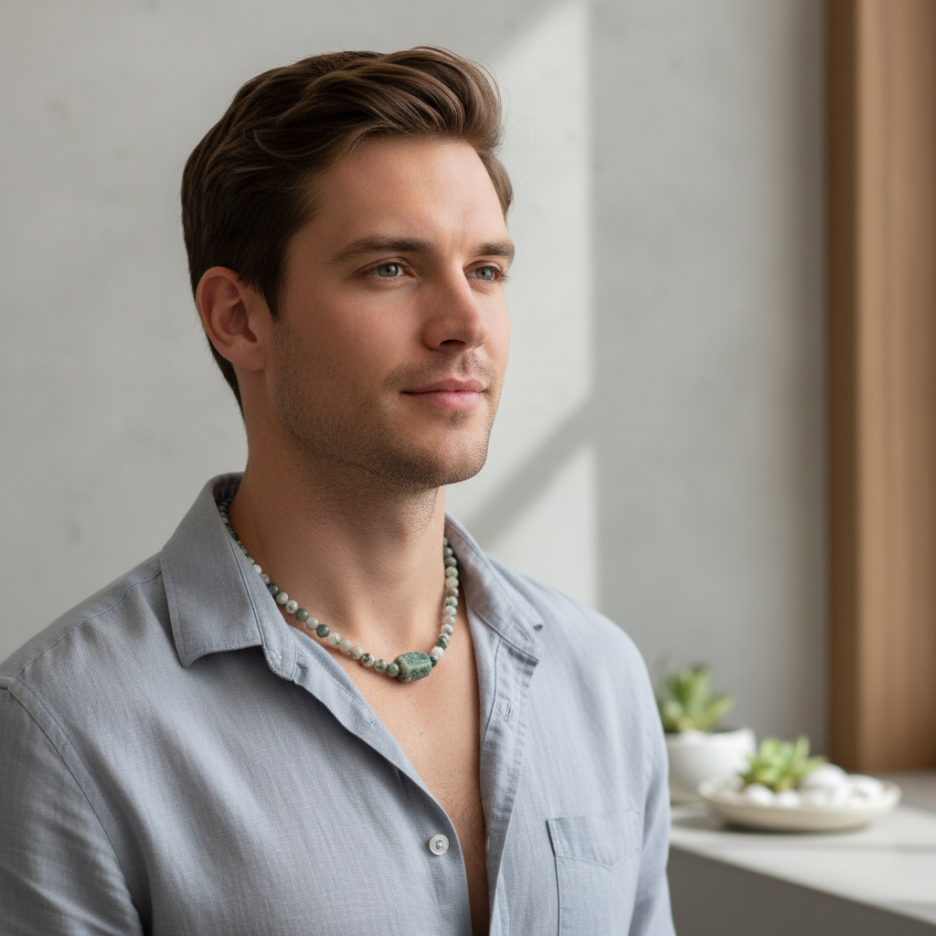Men's Tree Agate Stone Necklace On A Man.