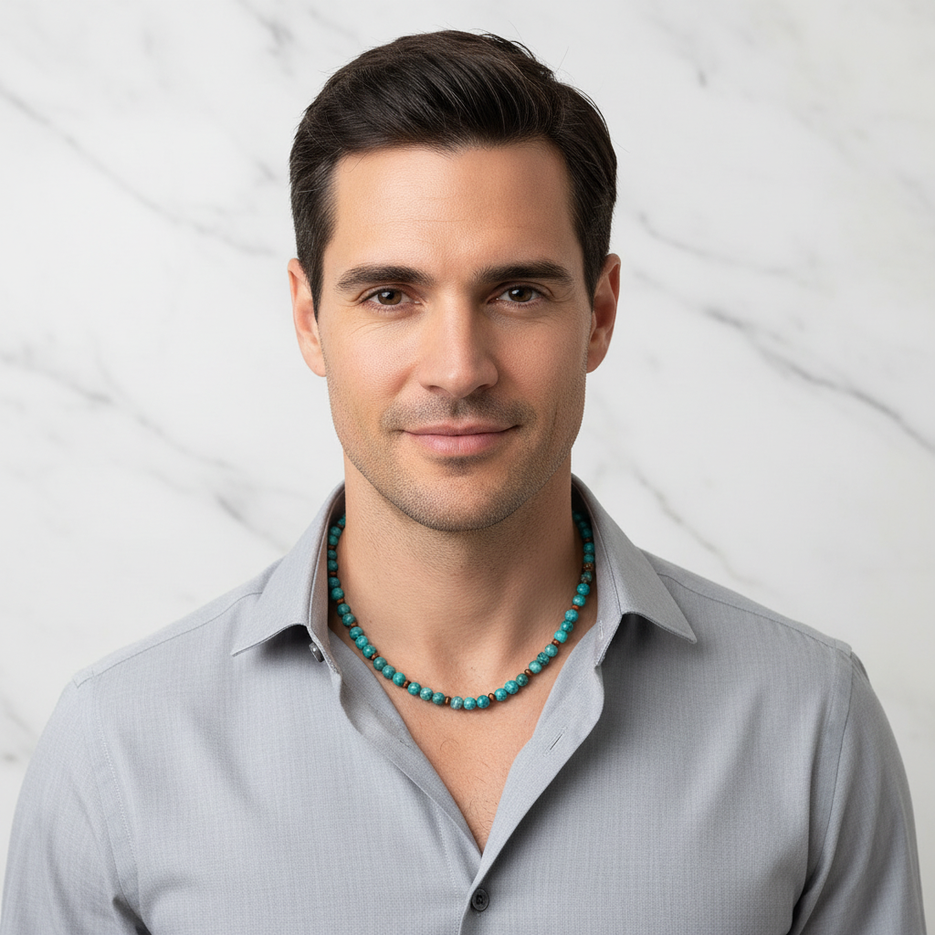 Mens Turquoise Magnesite and Wood Necklace On A Man.