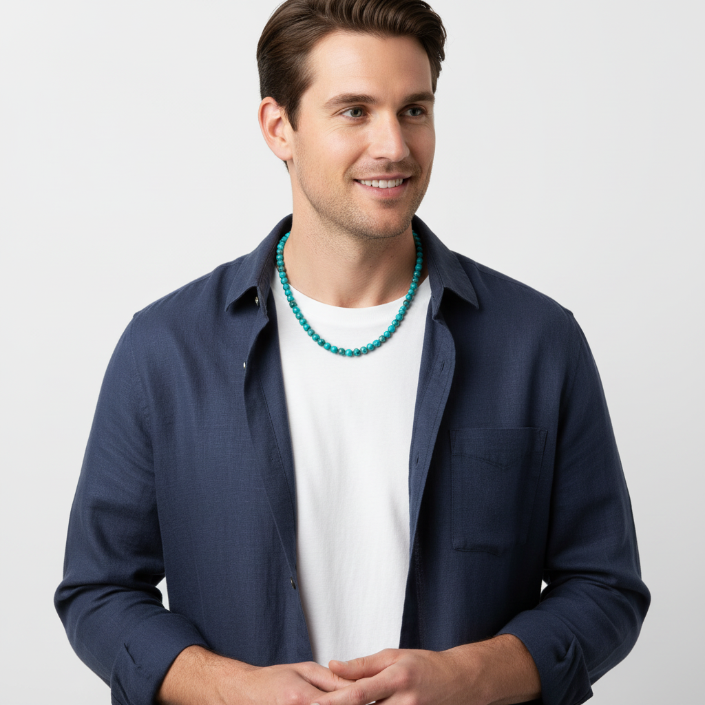Mens Turquoise Magnesite Necklace On A Man.