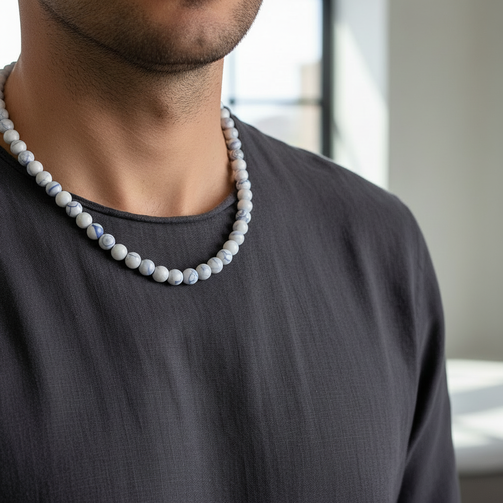 Mens White and Blue Agate Necklace On A Man
