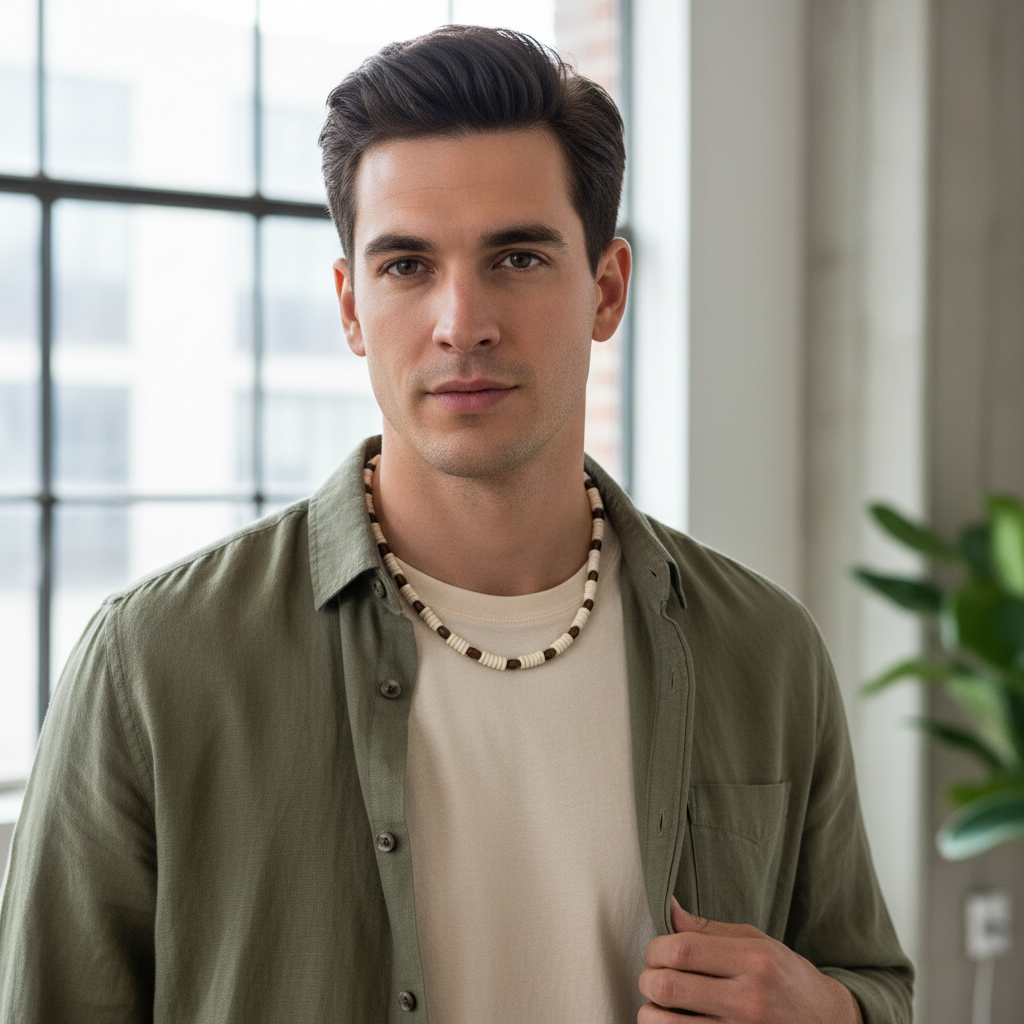 Mens White Howlite Heishi and Wood Necklace.