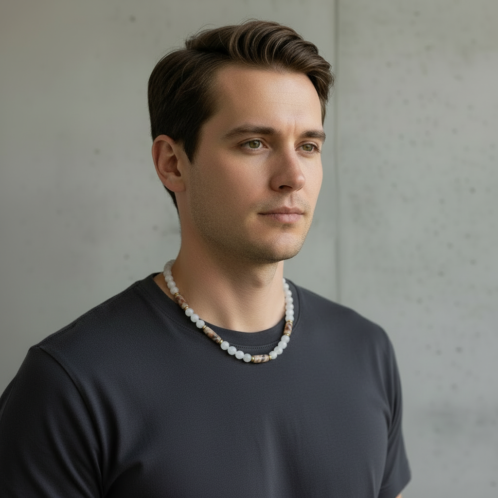 Mens White Jade and Crazy Lace Agate Necklace On A Man.
