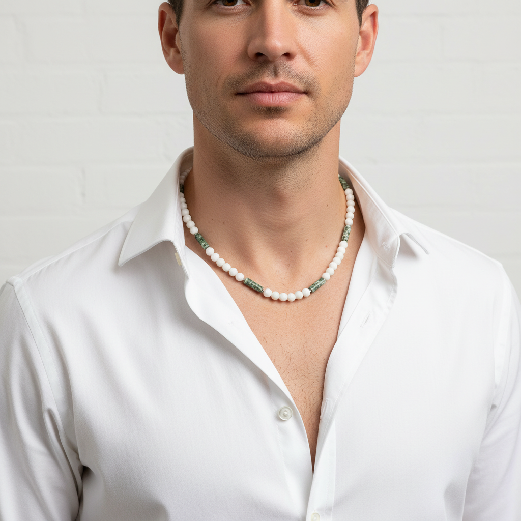 Mens White Shell and Green Jasper Beaded Necklace.