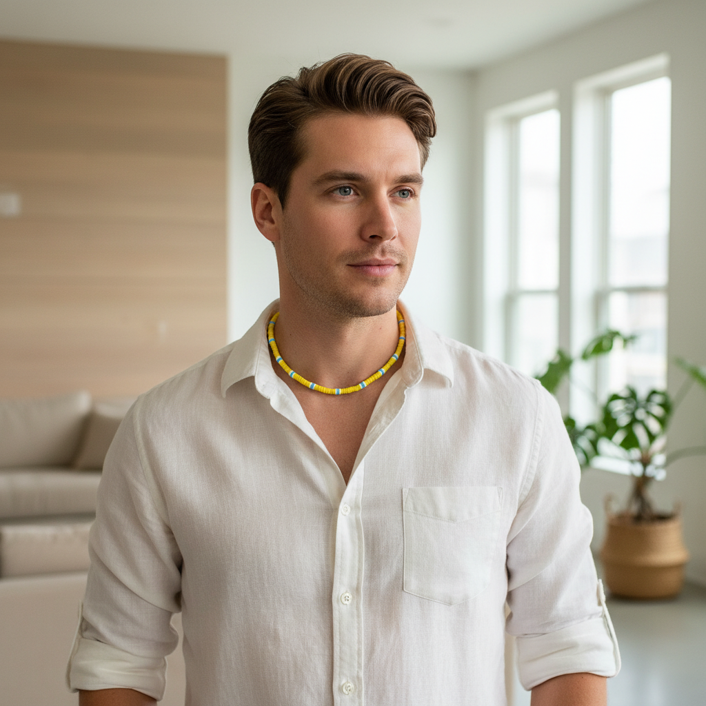 Mens Yellow Blue and White Polymer Beaded Necklace On A Man.