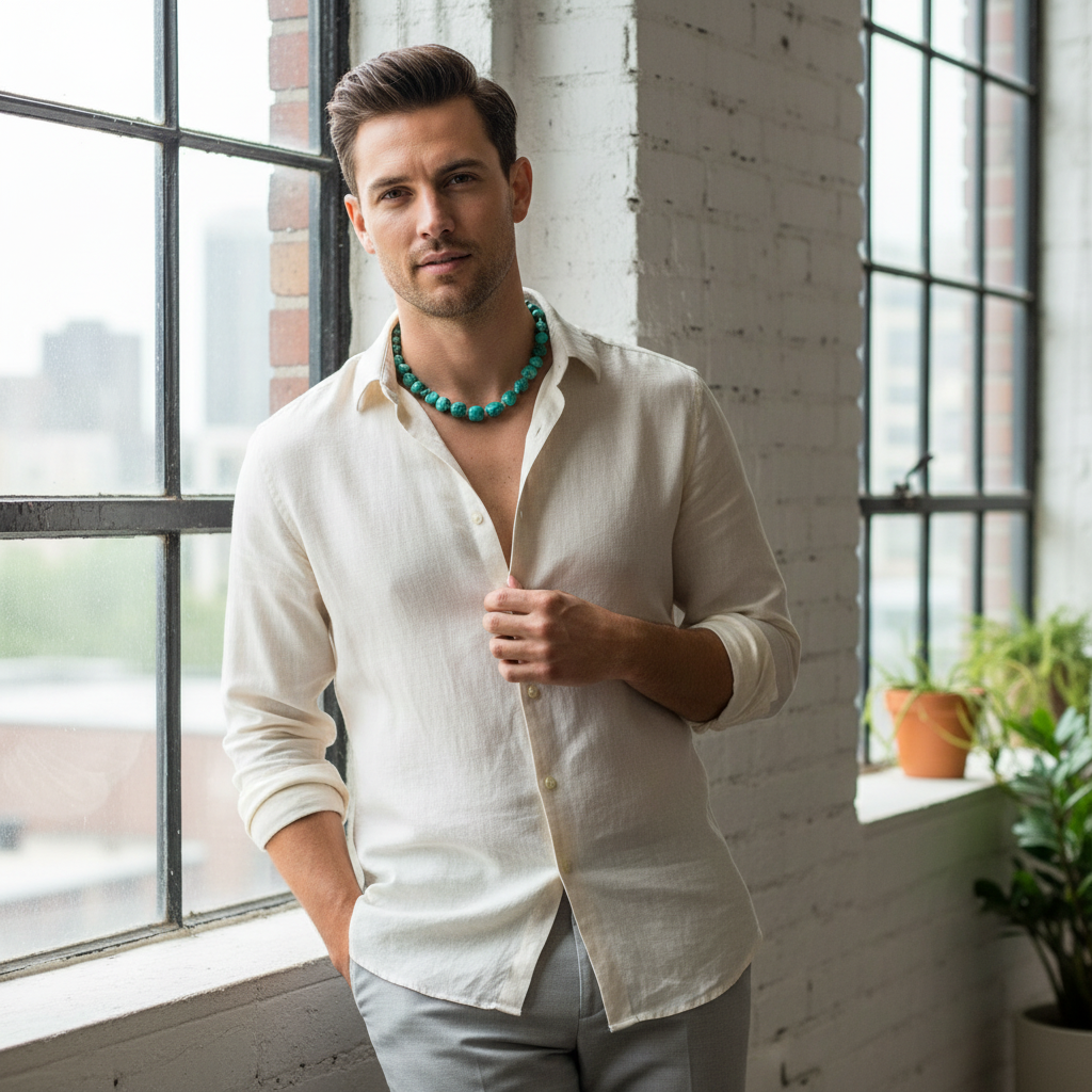 Mens Yellow Turquoise Nugget Necklace On A Male Model.