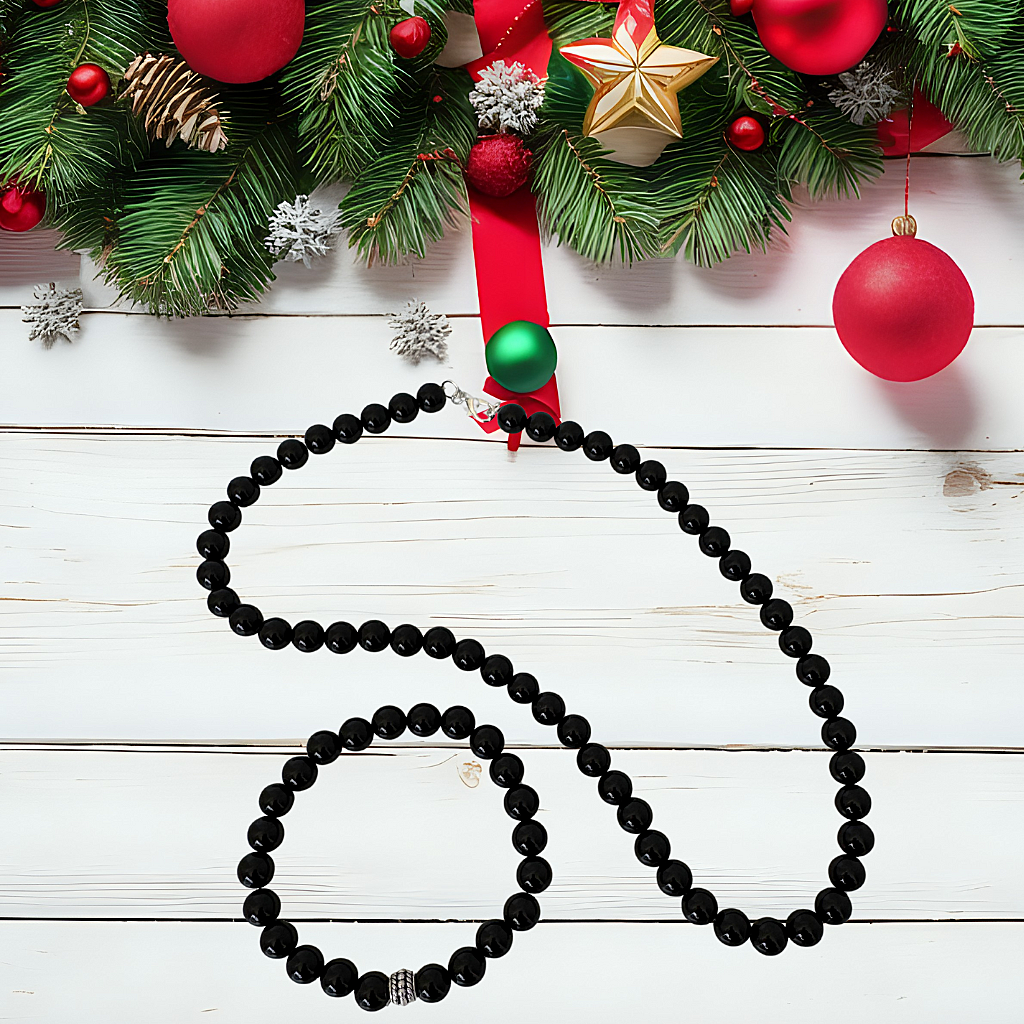 Mens 8mm Black Onyx Necklace and Bracelet Gift Set.