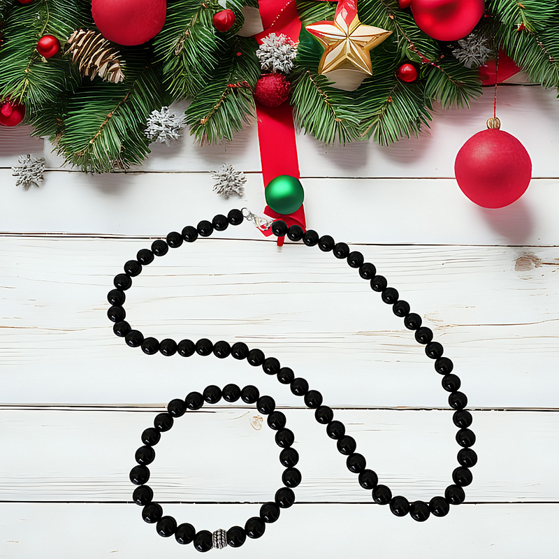 Mens 8mm Black Onyx Necklace and Bracelet Gift Set.