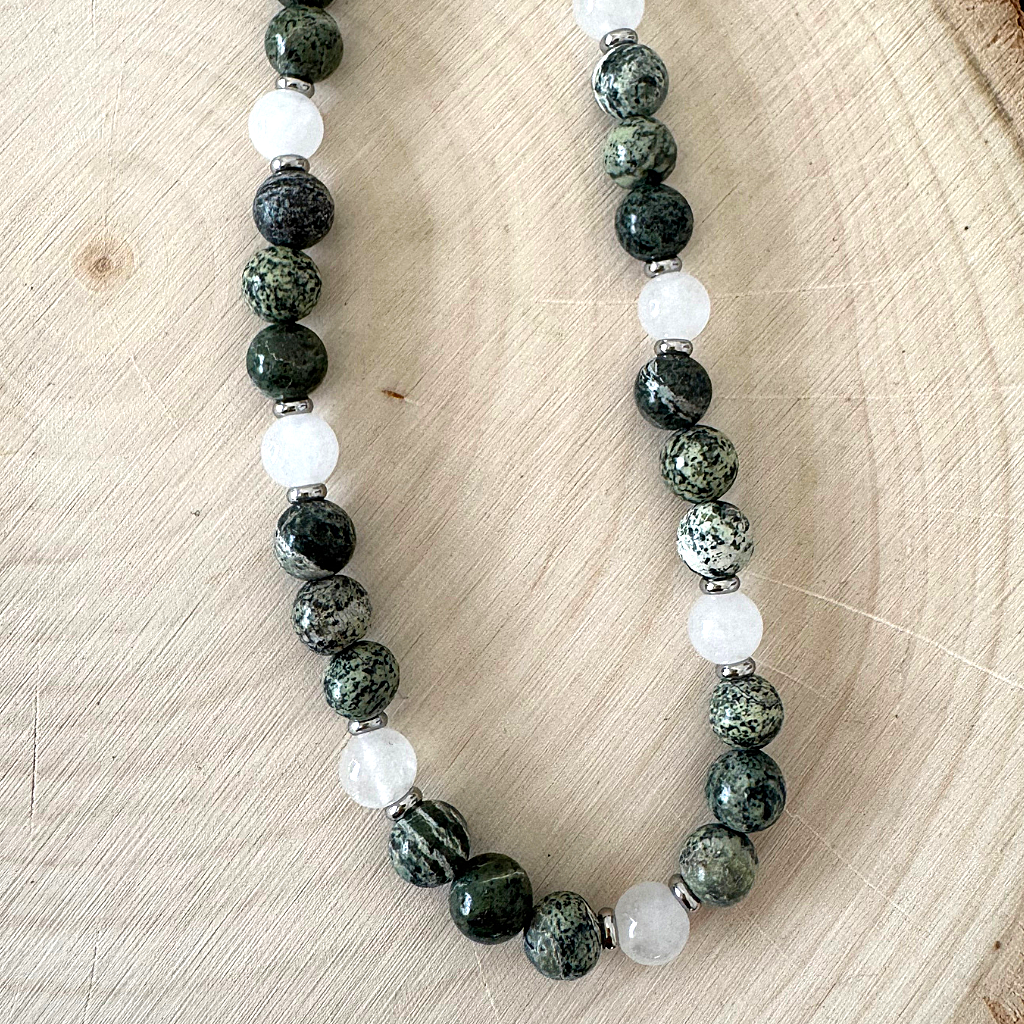 Mens Green Zebra Jasper and White Jade Beaded Necklace Displayed