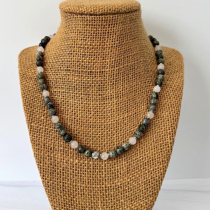 Mens Green Zebra Jasper and White Jade Beaded Necklace On A Stand
