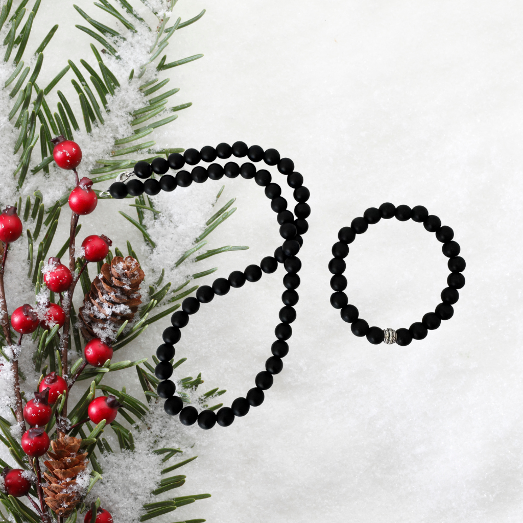 Mens 8mm Matte Black Onyx Necklace and Bracelet Gift Set