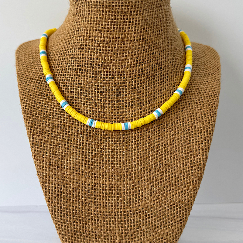 Mens Yellow Blue and White Polymer Beaded Necklace