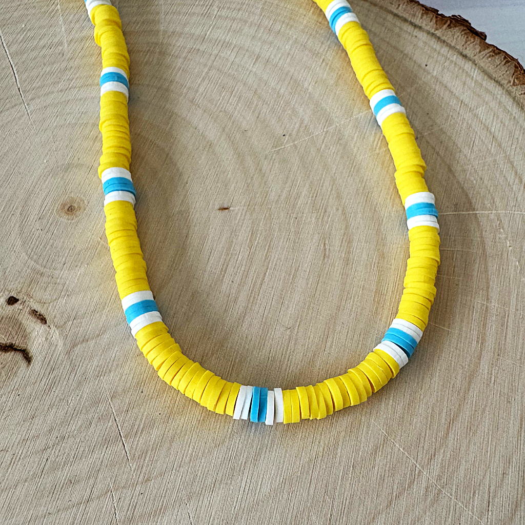 Mens Yellow Blue and White Polymer Beaded Necklace Displayed