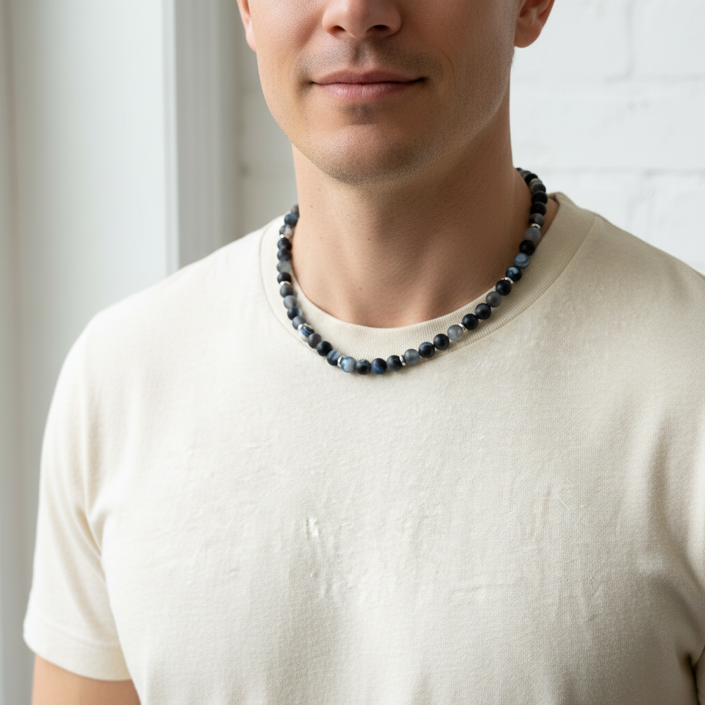 Mens Midnight Matte Agate Necklace On A Man.
