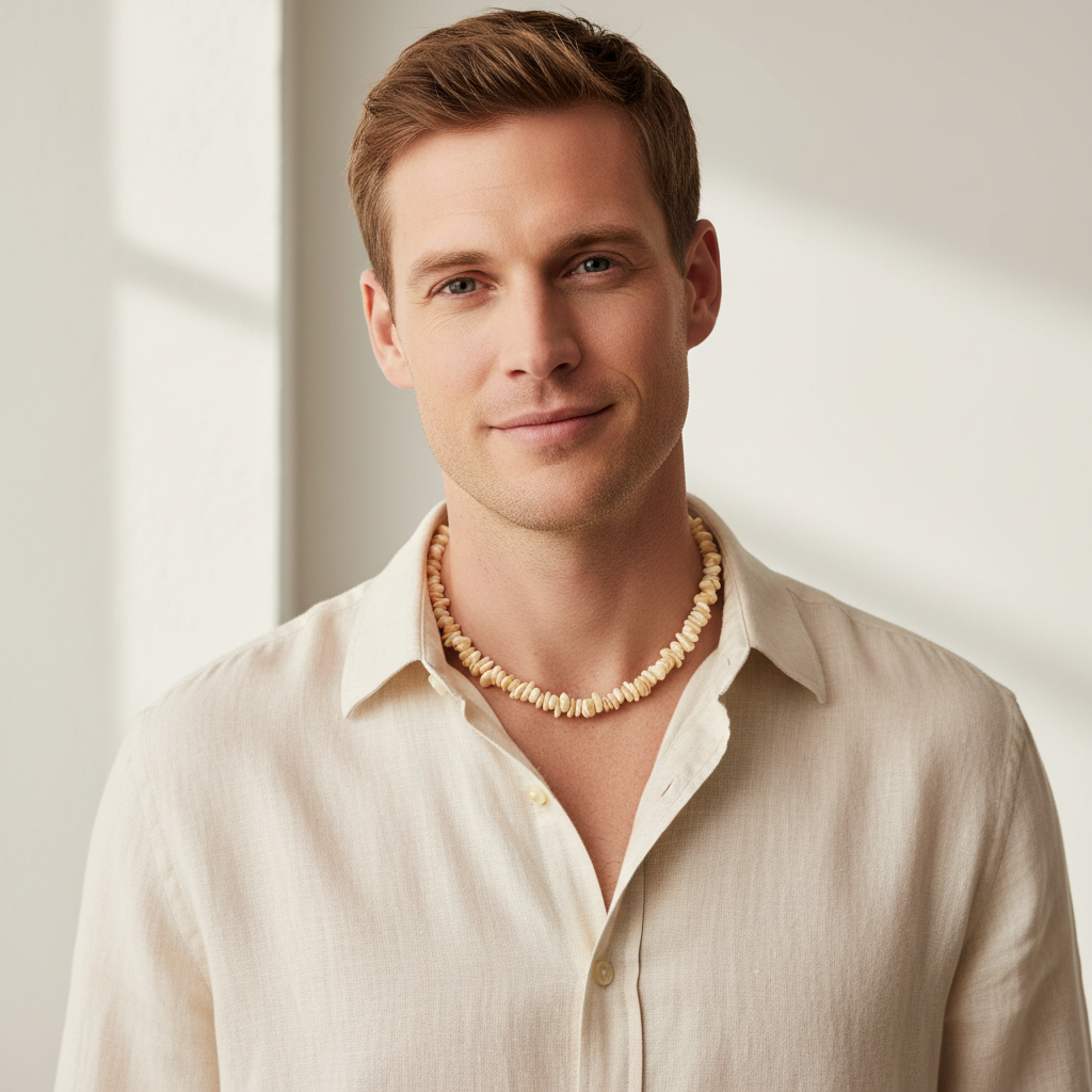 Mens Mother of Pearl Choker Necklace On a Model.
