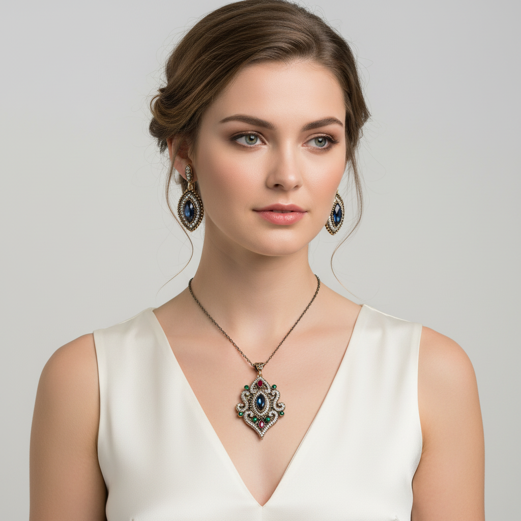 Multi-Colored Crystal Necklace and Earrings on a Model.