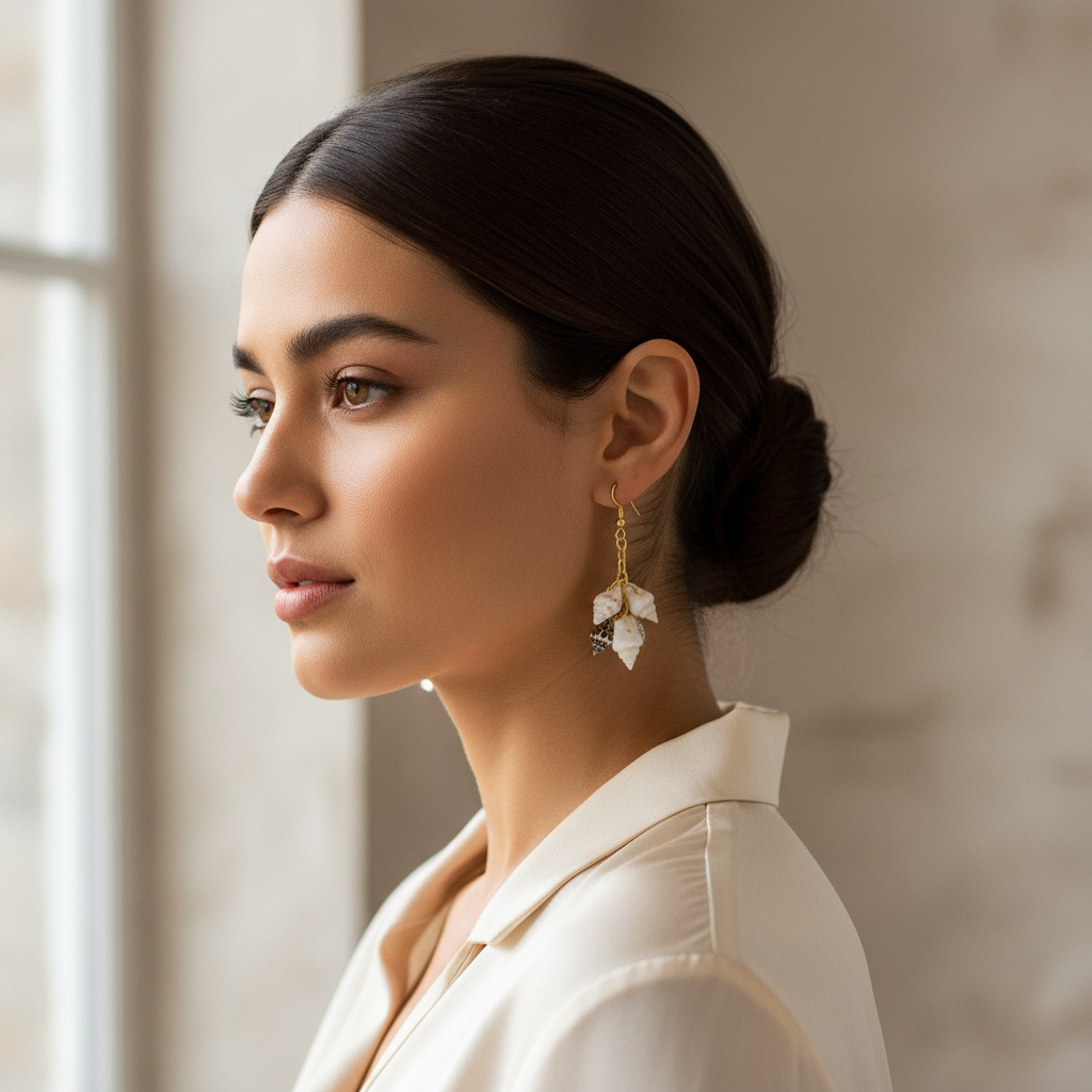 Multi Shell Long Dangle Earrings On a Model.