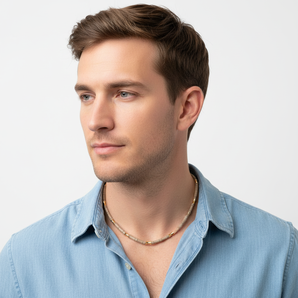 Mushroom Agate Necklace On A Man.
