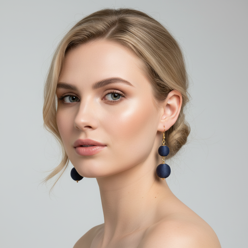 Navy Blue Thread Ball Dangle Earrings On A Model.