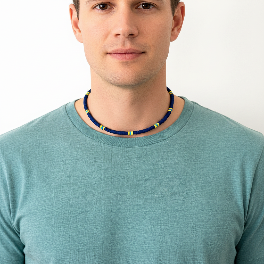 Navy Blue Yellow and Light Blue Beaded Necklace On A Man.