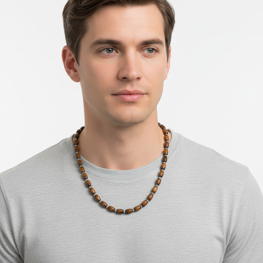 Brown Wood Barrel and Silver Beaded Mens Necklace On A Man.