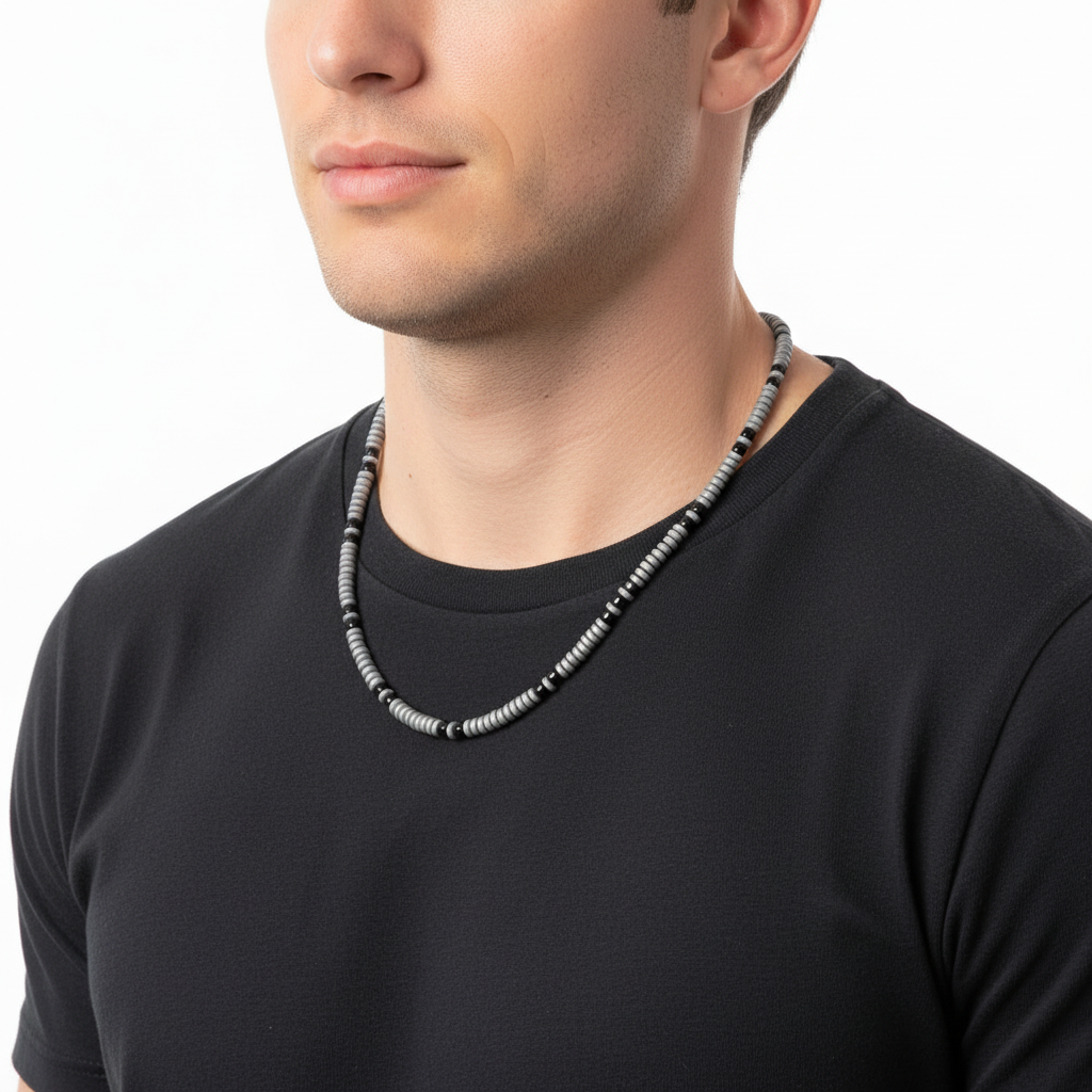 Silver Matte Hematite and Black Toho Beaded Necklace On A Man.