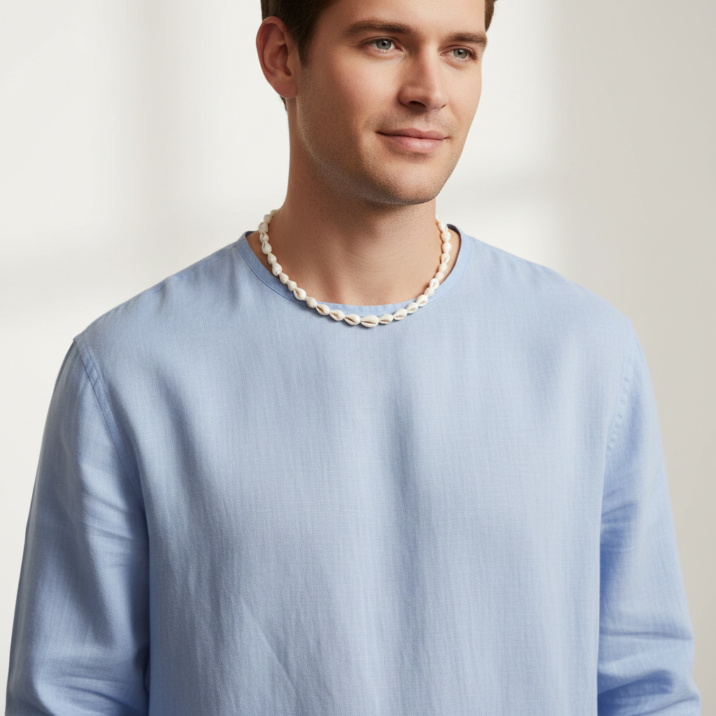 Mens White Puka Shell Necklace On A Model.