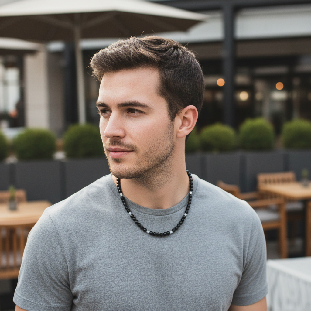 Mens 6mm Black Onyx and Mother of Pearl Beaded Necklace