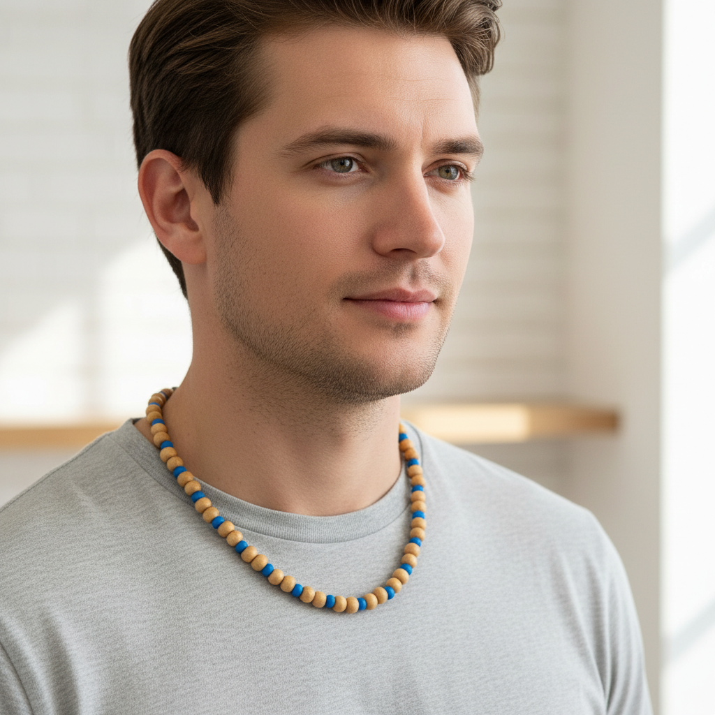 Light Brown and Turquoise Blue Wood Mens Beaded Necklace