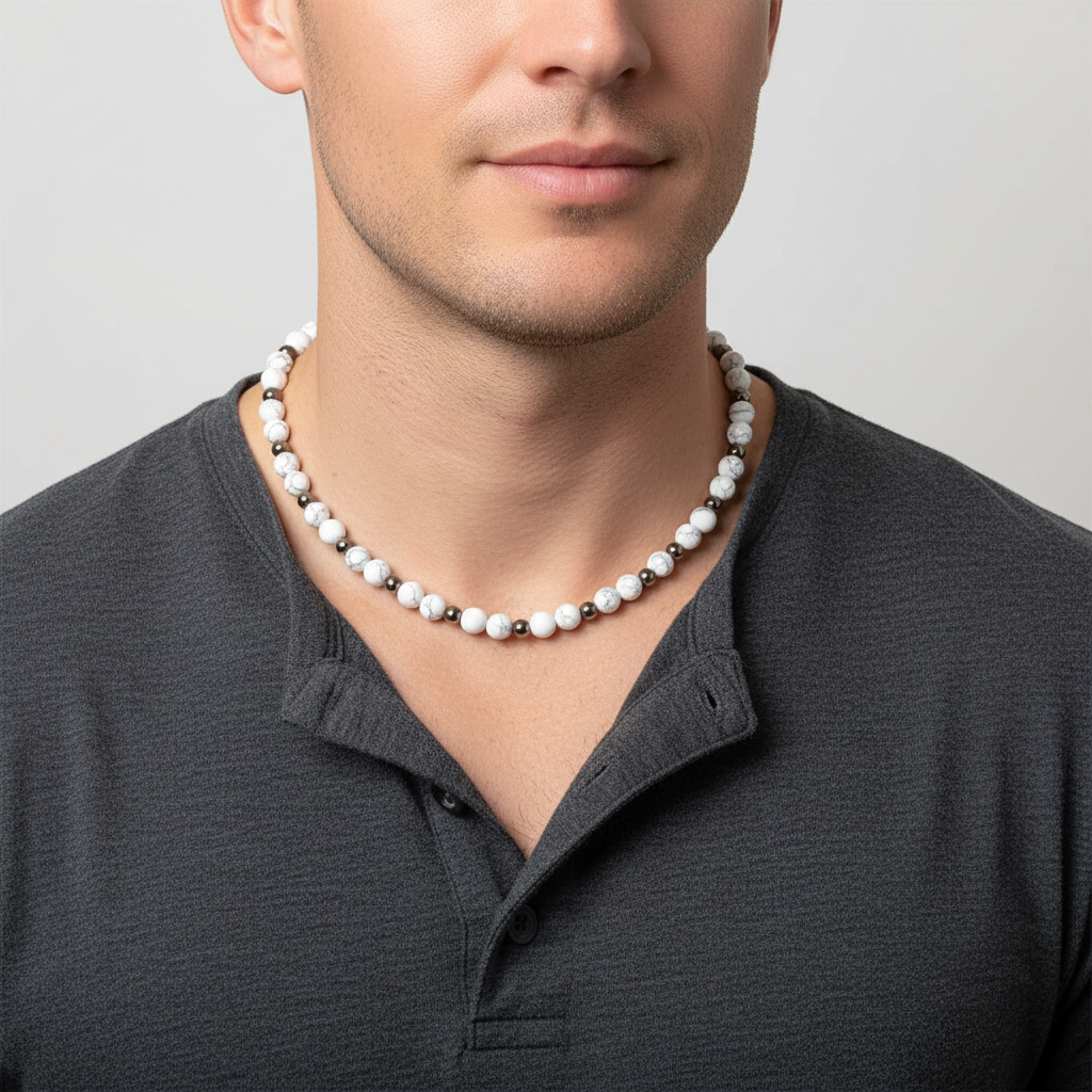 Mens Matte Howlite and Gun Metal Round Beaded Necklace