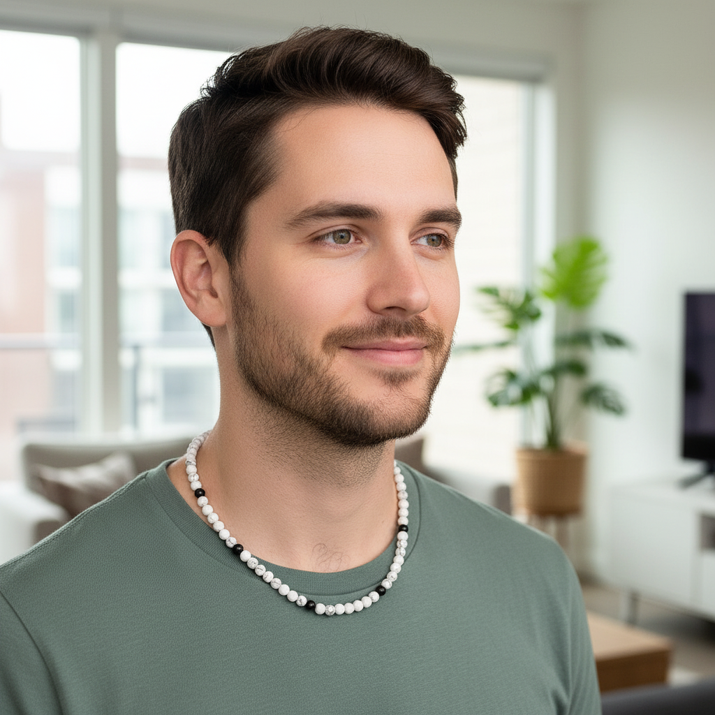 Mens White Howlite and Gray Pearl Beaded Necklace On A Model.