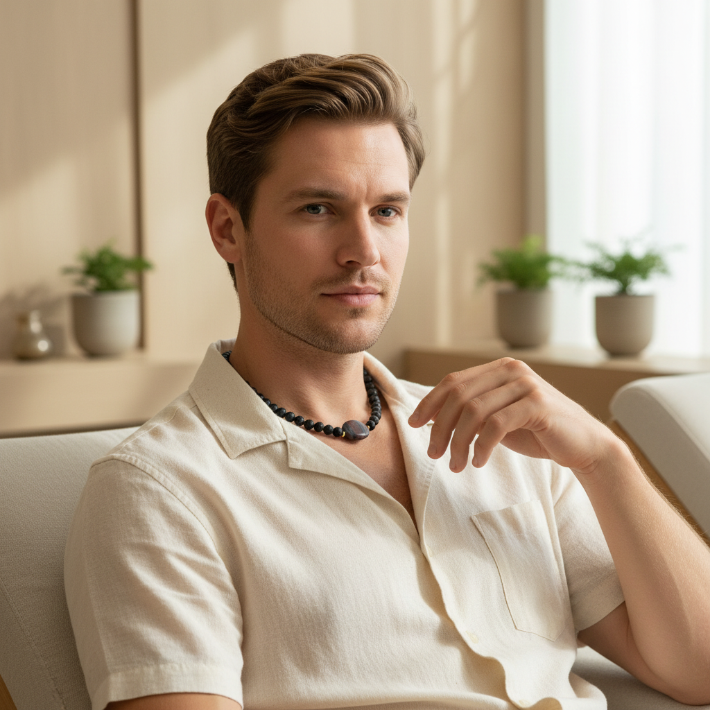 Mens Black Lava and Canyon Marble Beaded Necklace On A Model.