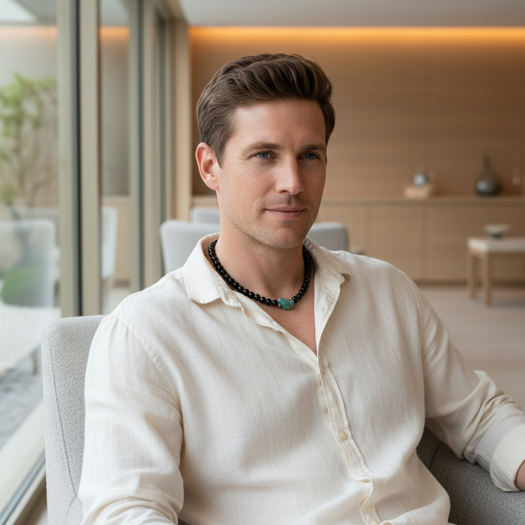 Black Onyx and Russian Amazonite Mens Beaded Necklace