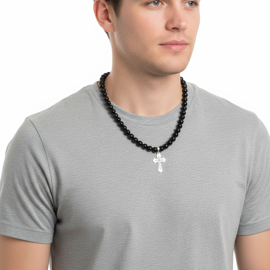 Mens Black Onyx Beaded Necklace with Sterling Silver Cut Out Cross Charm