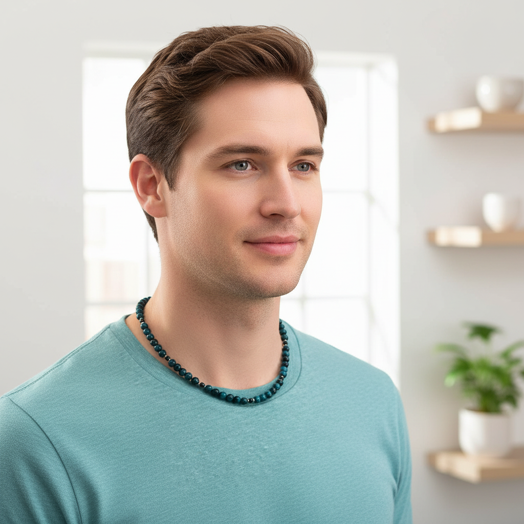 Mens Blue Tigers Eye Beaded Necklace On A Model.