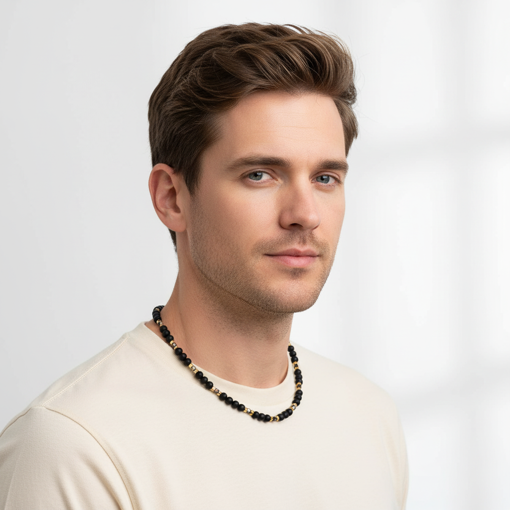 Mens Matte Black Onyx and Two Tone Czech Beaded Necklace