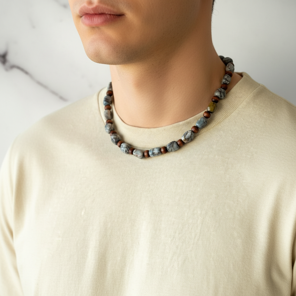 Mens Blue Marble Pebble Beaded Necklace