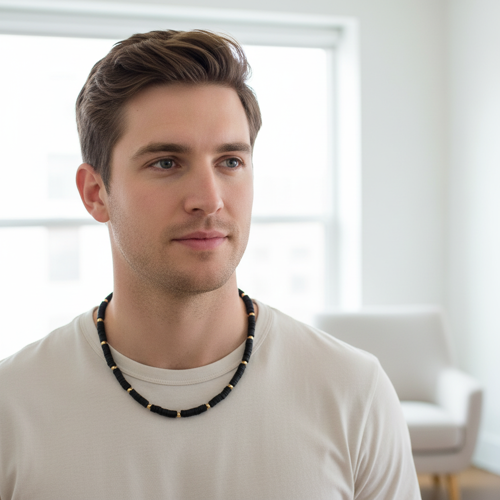 Black Polymer and Gold Beaded Mens Necklace On A Man.