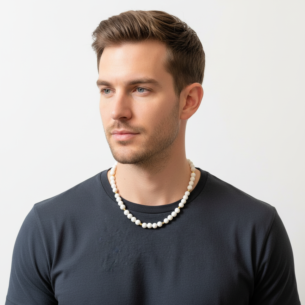Mens White Shell and Gold Beaded Necklace On a Man.