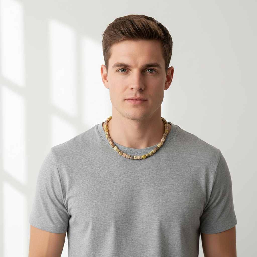 Mens Lepidolite Pebble Beaded Necklace On A Model.