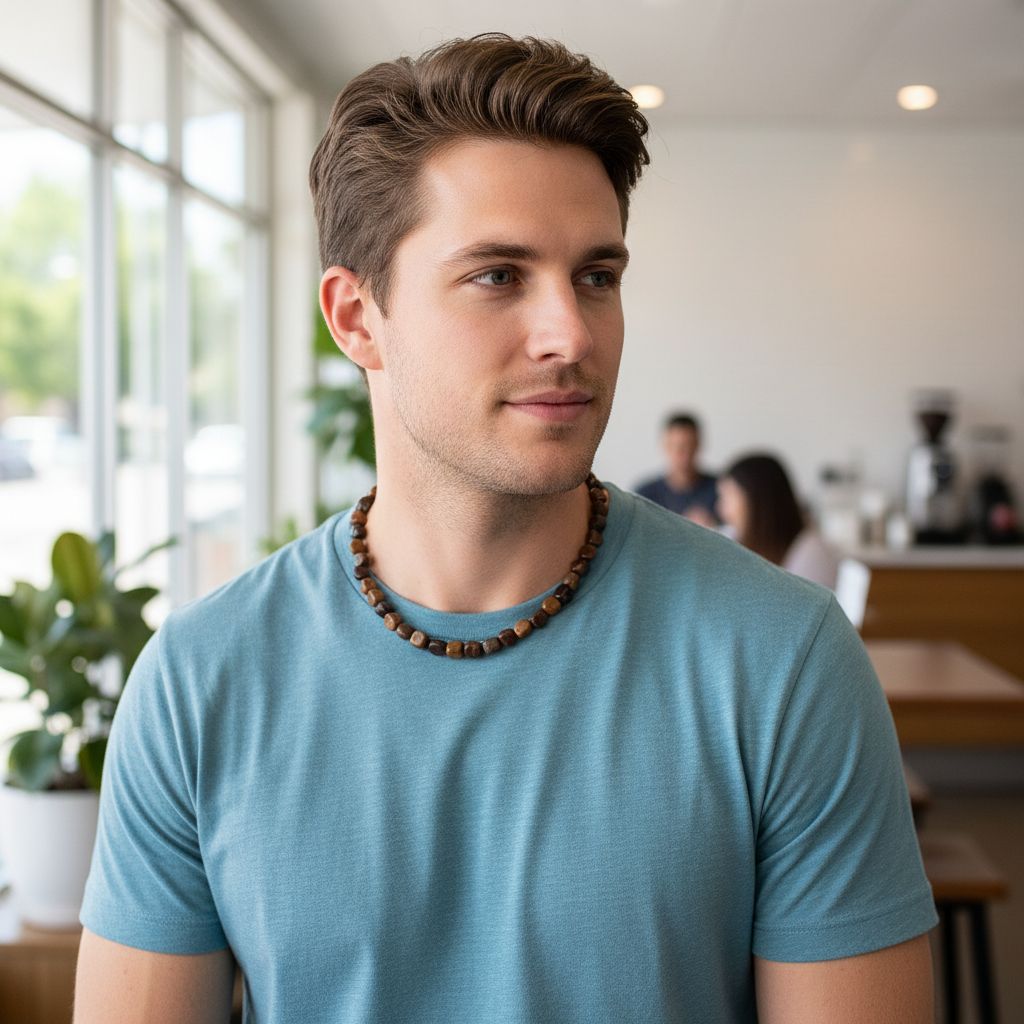 Mens Wood Jasper Nugget Beaded Necklace On A Male Model.