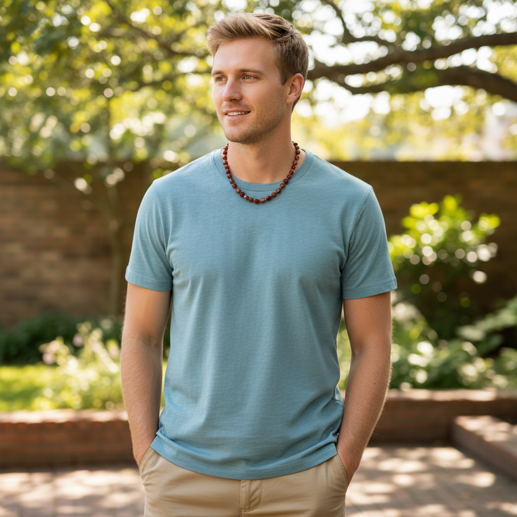 Mens Red Jasper Beaded Nugget Necklace On A Male Model.