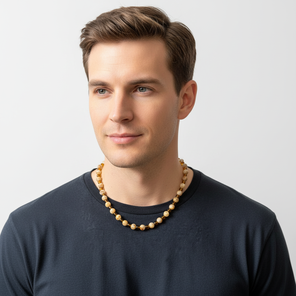 Mens Mother of Pearl Beige Beaded Necklace On A Man.