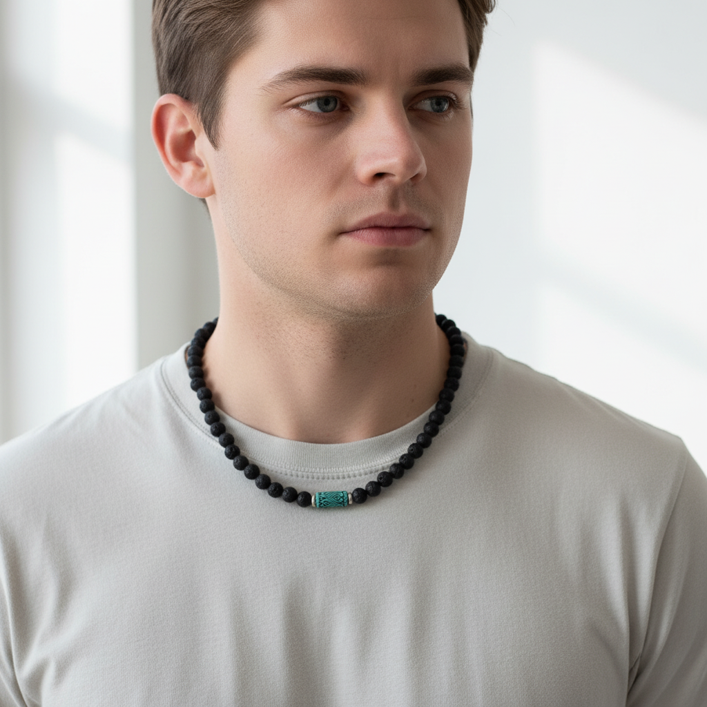 Mens Black Lava and Turquoise Statement Beaded Necklace