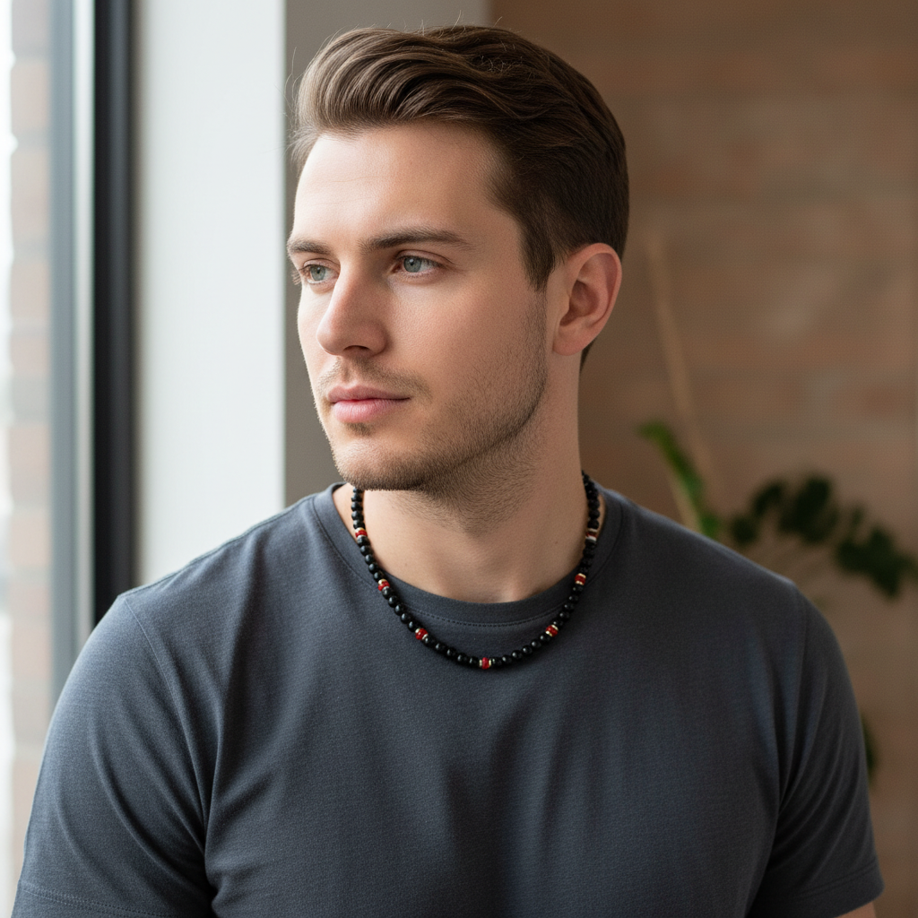 Mens 6mm Black Onyx and Red Agate Rondelle Beaded Necklace On A Man.