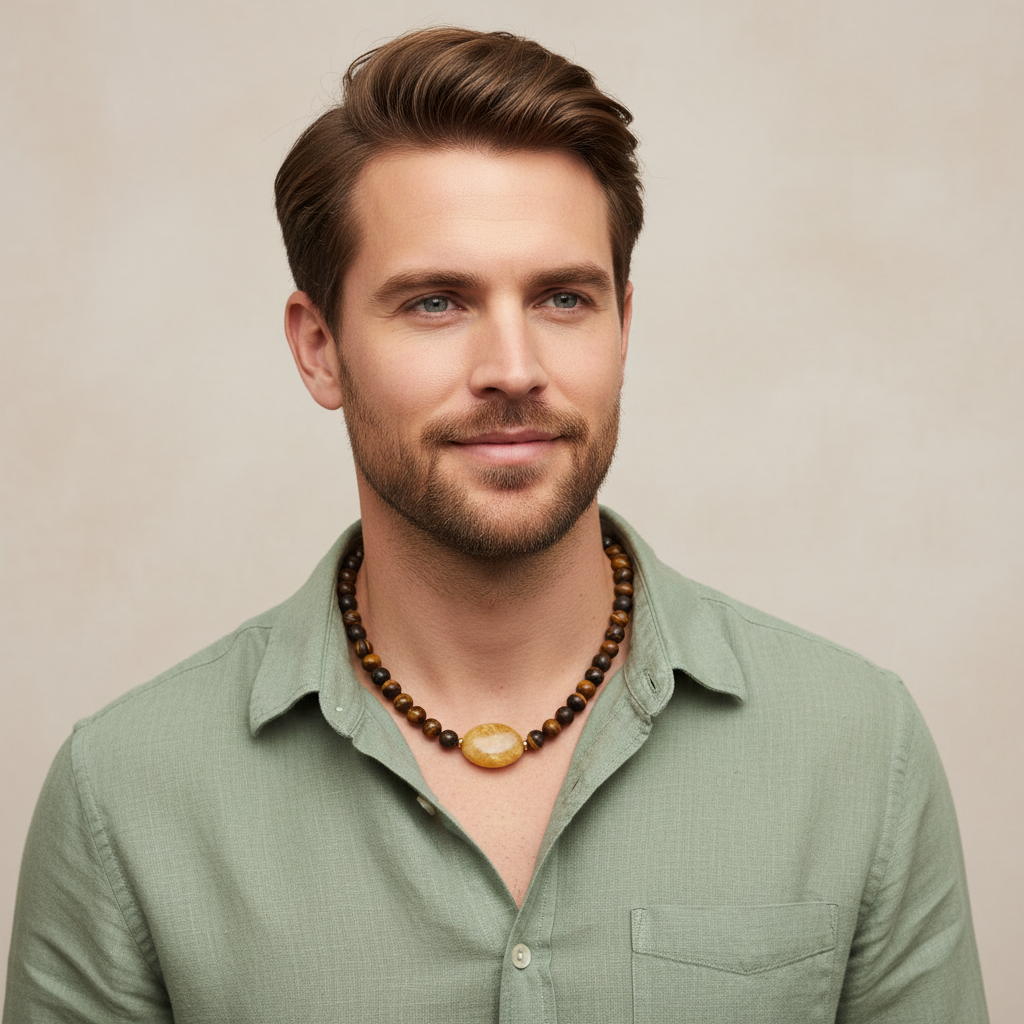 Mens Rhyolite and Quartzite Stone Beaded Necklace On A Male Model