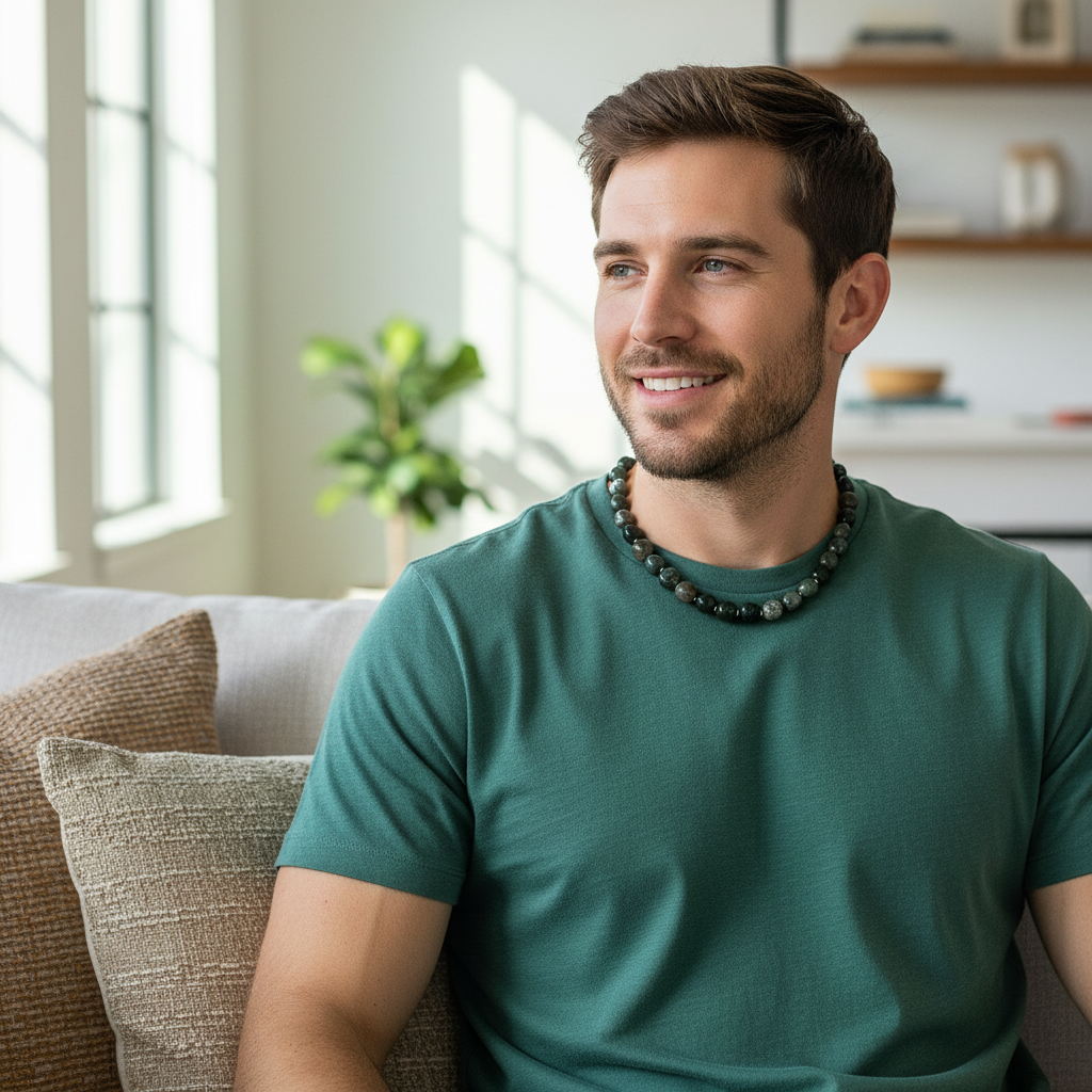 Mens Bloodstone Nugget Beaded Necklace On A Male Model.