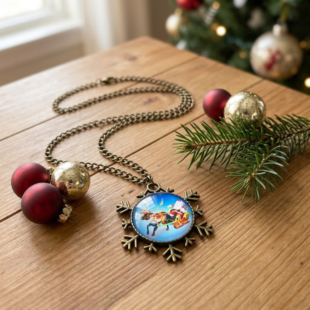 Santa Clause Christmas Cabochon Snowflake Necklace on a table beside Christmas ornaments