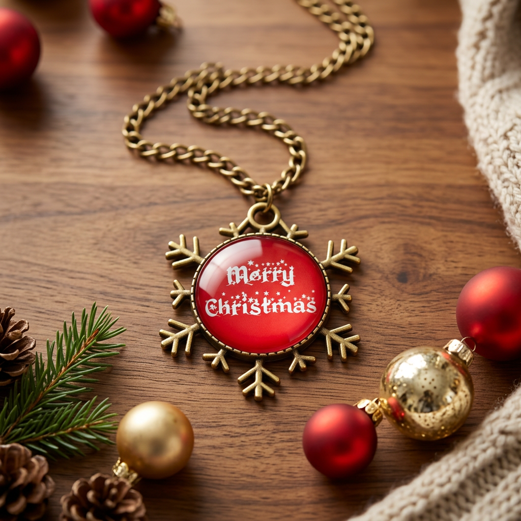 Merry Christmas Snowflake Cabochon Pendant Necklace on a wooden table next to Christmas ornaments.